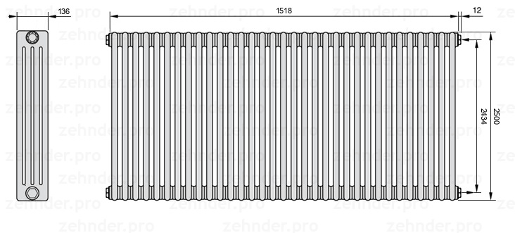 Схема (чертеж) Радиатор Zehnder Charleston 4250/33 №7610 Белый глянцевый RAL 9016